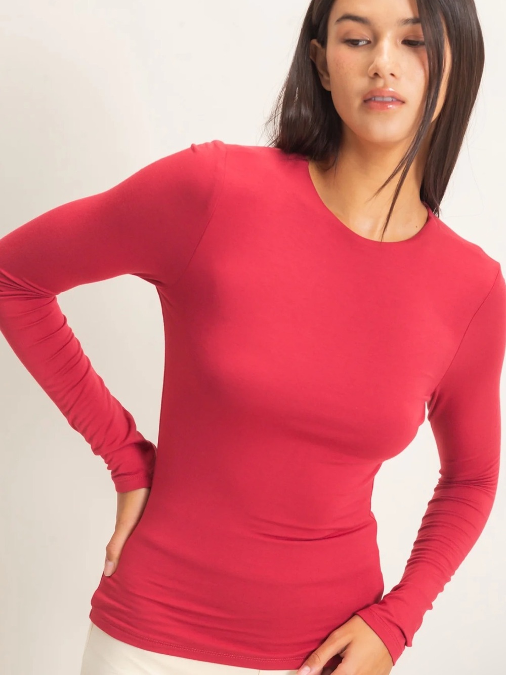 Double Zero Crew Neck Double Layered Long Sleeve Top Dark Red
